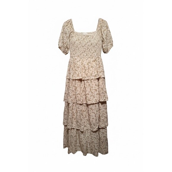 In February Dress Womens L Vanilla Floral Smocked Tiered Maxi Puff Sleeve - Picture 2 of 6